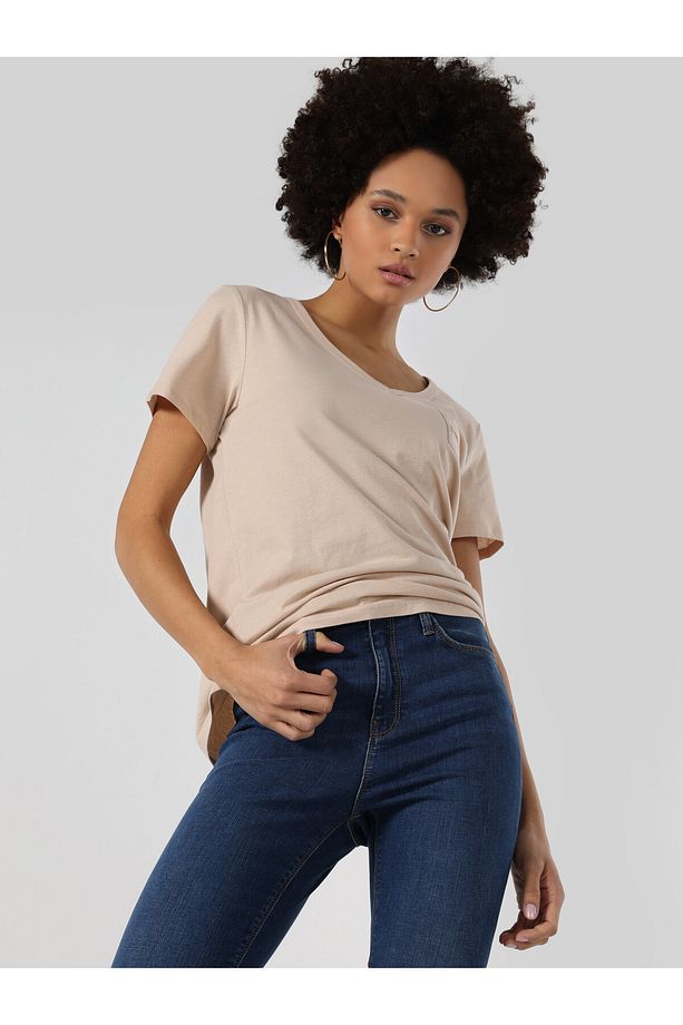 Regular Fit Bej Kadın Kısa Kol Tişört Cl1062526 - 1