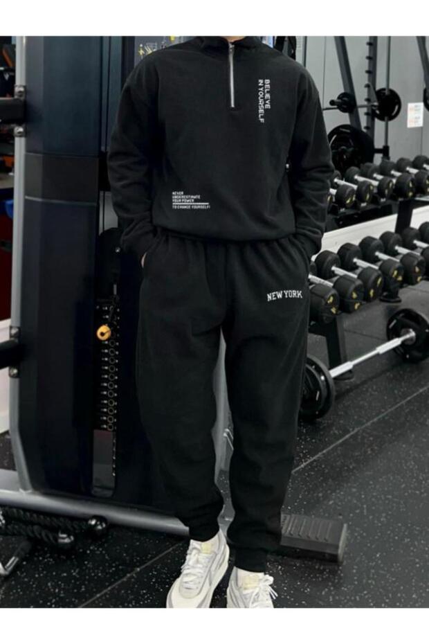 Men's Believe Printed Polo Neck Half Zipper Sweatshirt Tracksuit Set