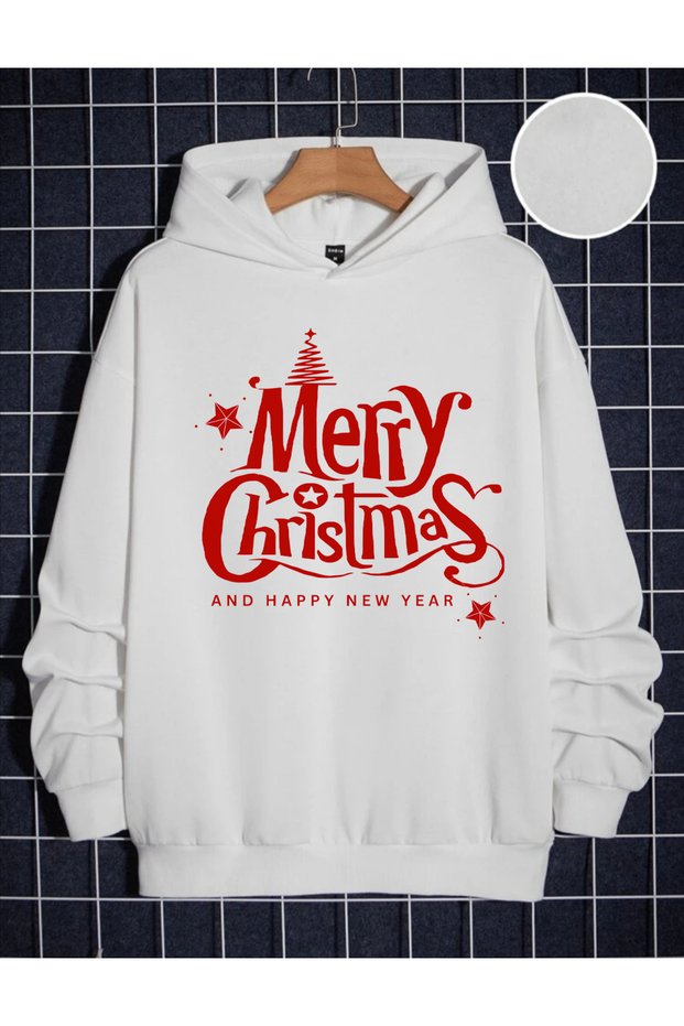SEBESTA FASHİON NEW SEASON SPECIAL FOR THE NEW YEAR Unisex 2 THREAD RADIAN MERYY PRINTED HOODED Sweatshirt