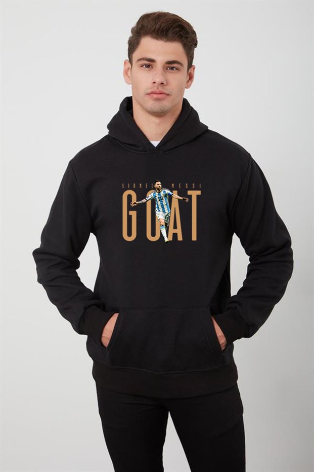 Men's Oversize Black Hooded Lionel Messi GOAT Design Printed Sweatshirt Long Sleeve