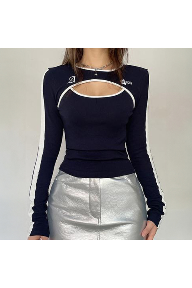 Navy Blue A The Star White Striped Split Long Sleeve Crop