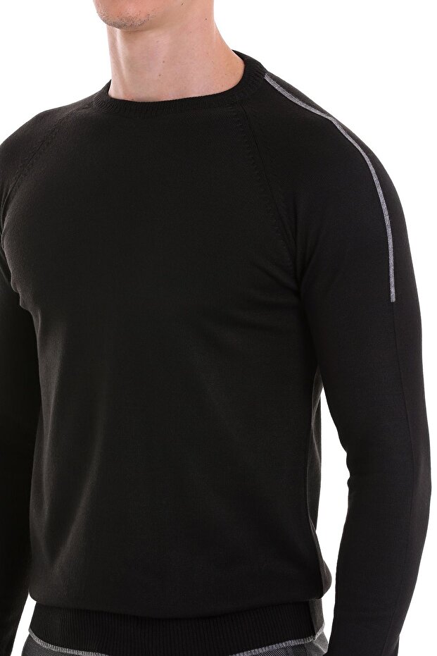 Siyah Regular Fit Jakarlı Bisiklet Yaka Yünlü Triko Kazak - 4