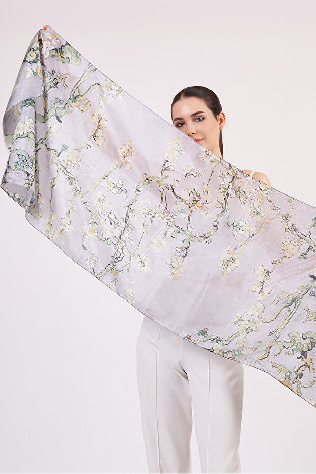 Voile Silk Scarf| Van Gogh Almond Flower Gray| Nomads Felt