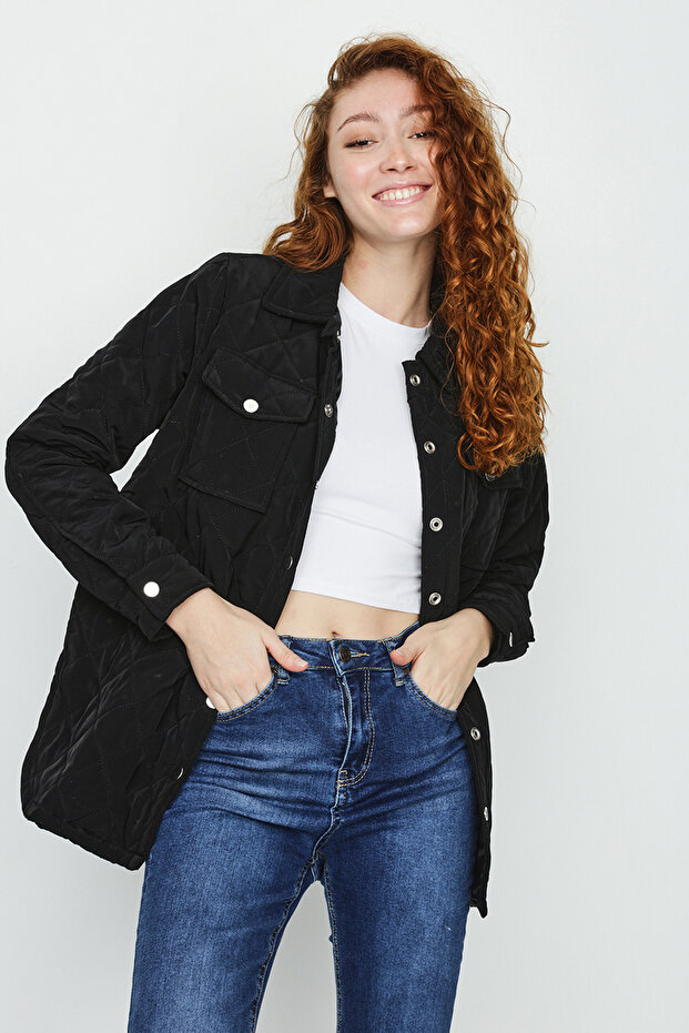 Kadın Siyah Çıtçıt Kapamalı Kapitone Mont - 5