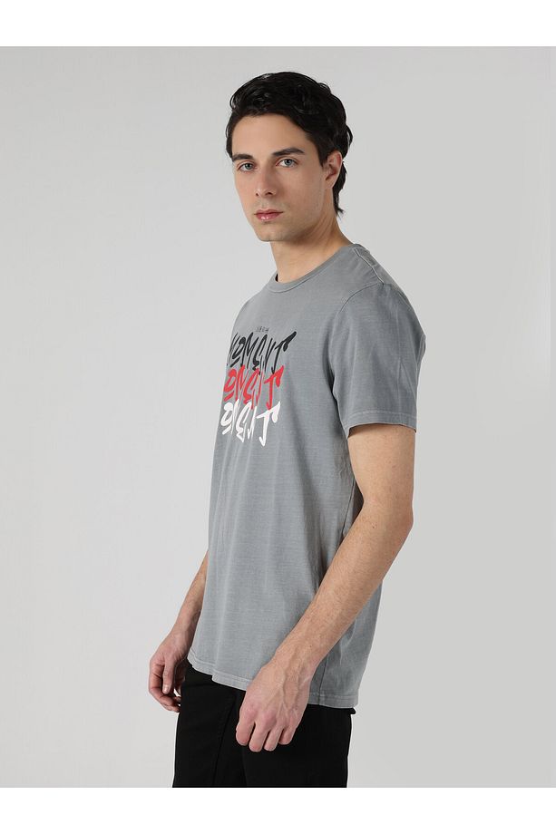 Regular Fit Baskılı Gri Erkek Kısa Kol Tişört - 4