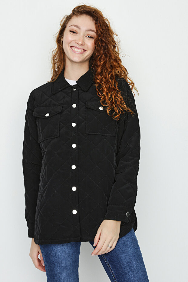 Kadın Siyah Çıtçıt Kapamalı Kapitone Mont - 6