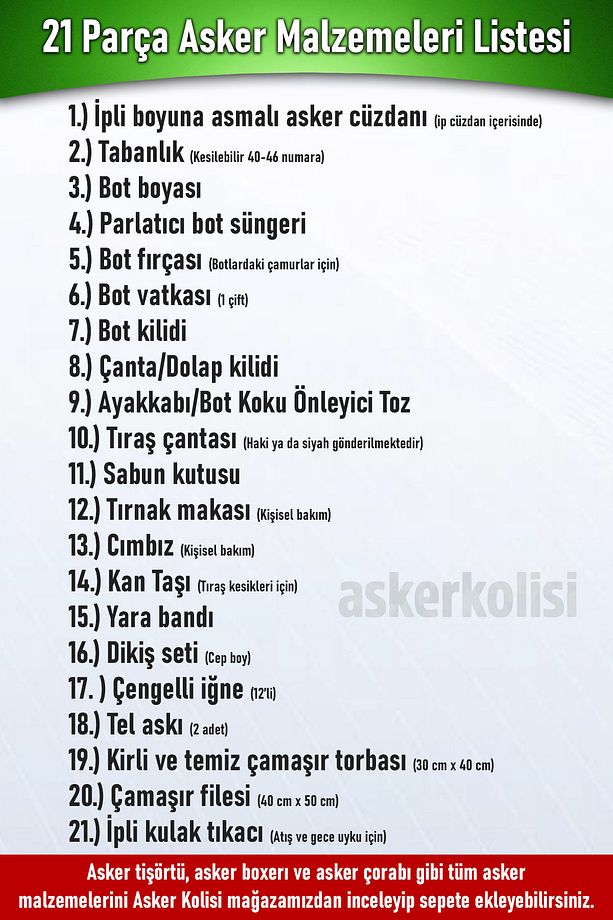 21 Parça Asker Malzeme Seti - Asker Cüzdanı Tabanlık Bot Boyası Kilit - Bedelli Askerlik Malzemeleri - 2