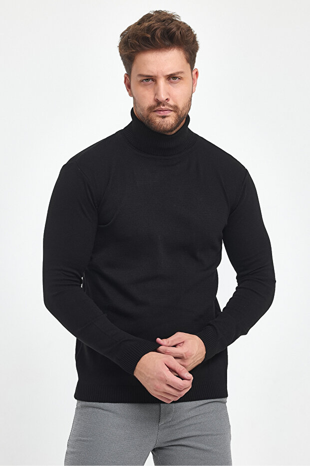 Men's Black Slim Fit Full Turtleneck Knitwear Sweater
