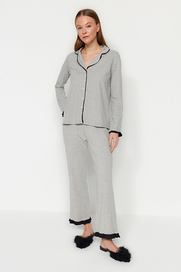 Gri Melanj %100 Pamuklu Fırfırlı Biyeli Örme Pijama Takımı THMAW24PT00007 - 4