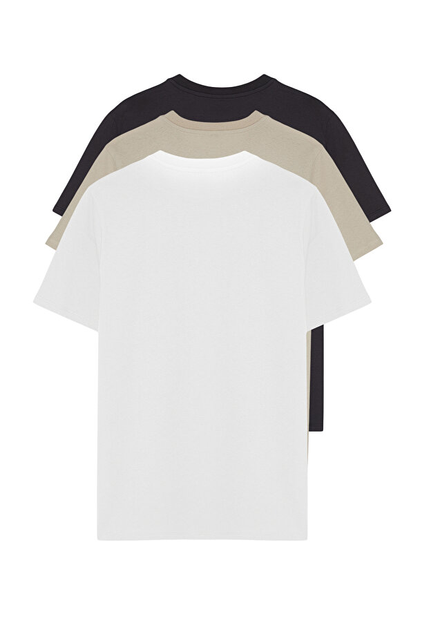 Stone-Ecru-Antracite Slim/Slim Cut Crew Neck Basic 100% bavlna Tričko s 3 baleniami TMNSS19BO0007 - 6