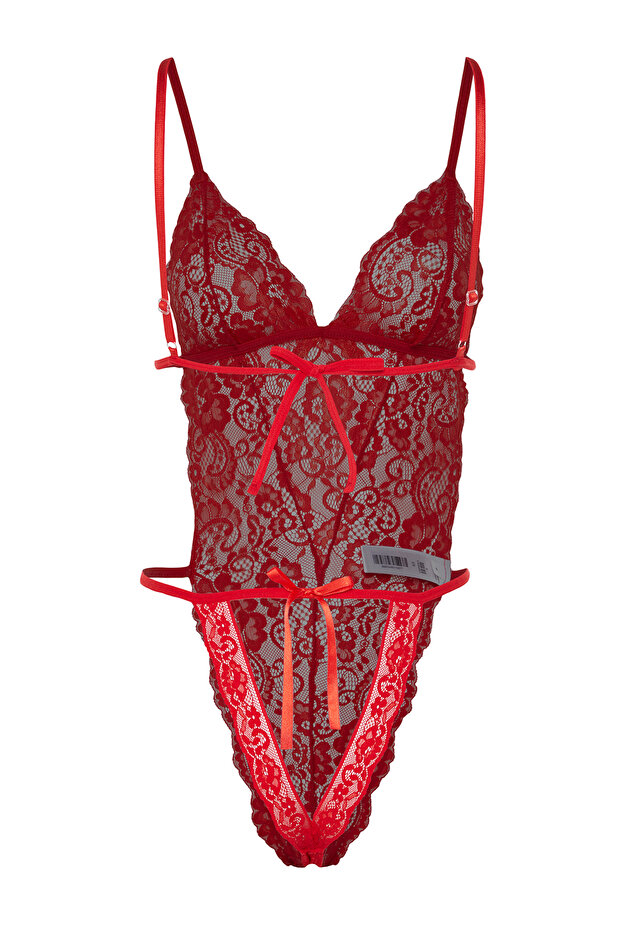 Kırmızı Dantelli İp Askılı Çıtçıtlı Örme Body THMAW23BD00008 - 8