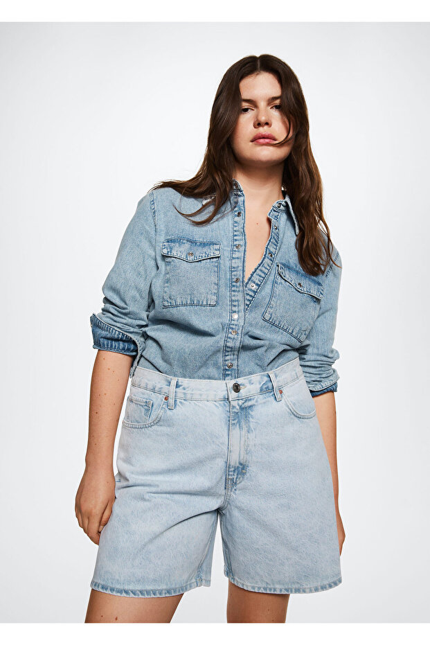 Düz Kesim Denim Şort - 9