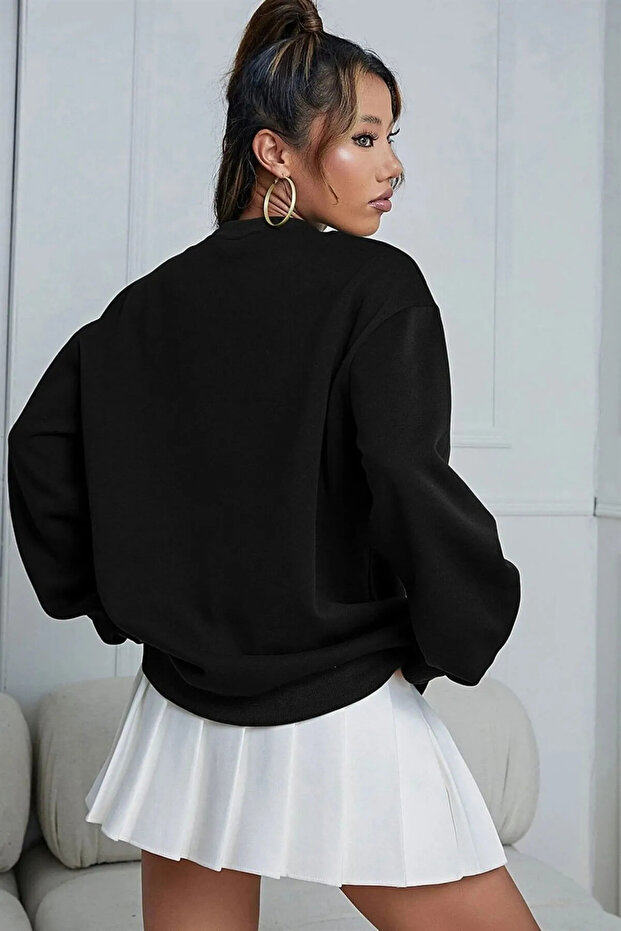 Pamuklu Unisex Oversize Basic Siyah Bisiklet Yaka Sweatshirt - 4
