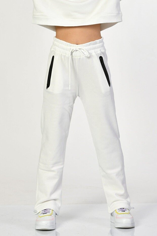 Girl's Sweatpants with Pockets and Zipper - White