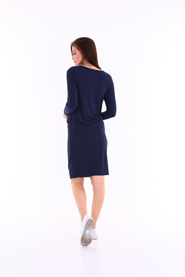 Lacivert Hamile Fitilli Esnek Yumuşak Kumaş Elbise - 5