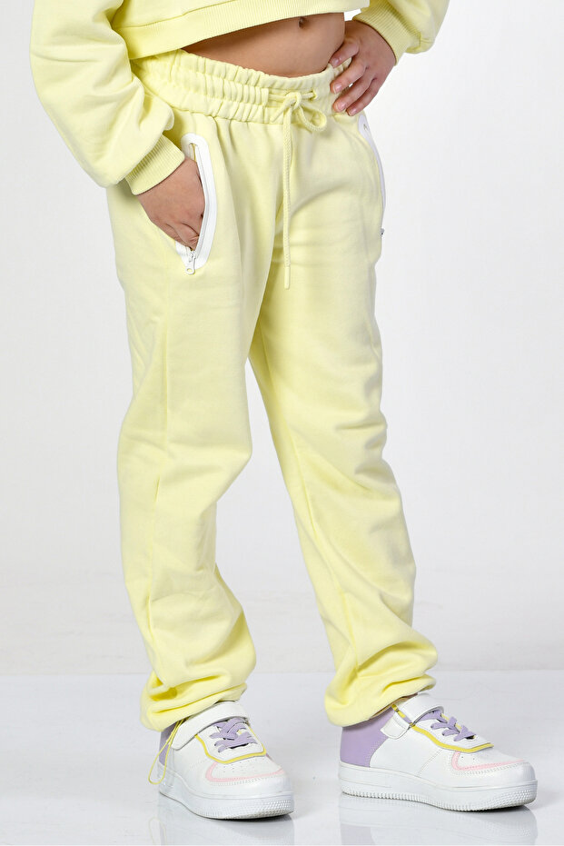 Pocketed Zippered Girl's Sweatpants Lemon Yellow