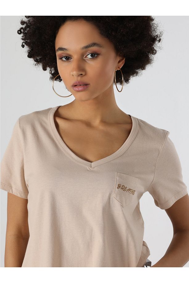 Regular Fit Bej Kadın Kısa Kol Tişört Cl1062526 - 5
