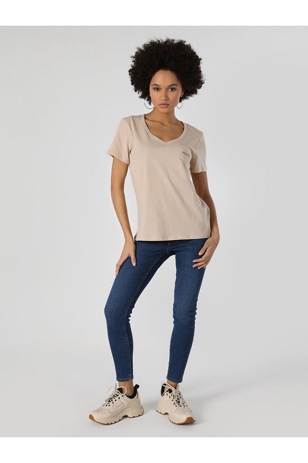 Regular Fit Bej Kadın Kısa Kol Tişört Cl1062526 - 3