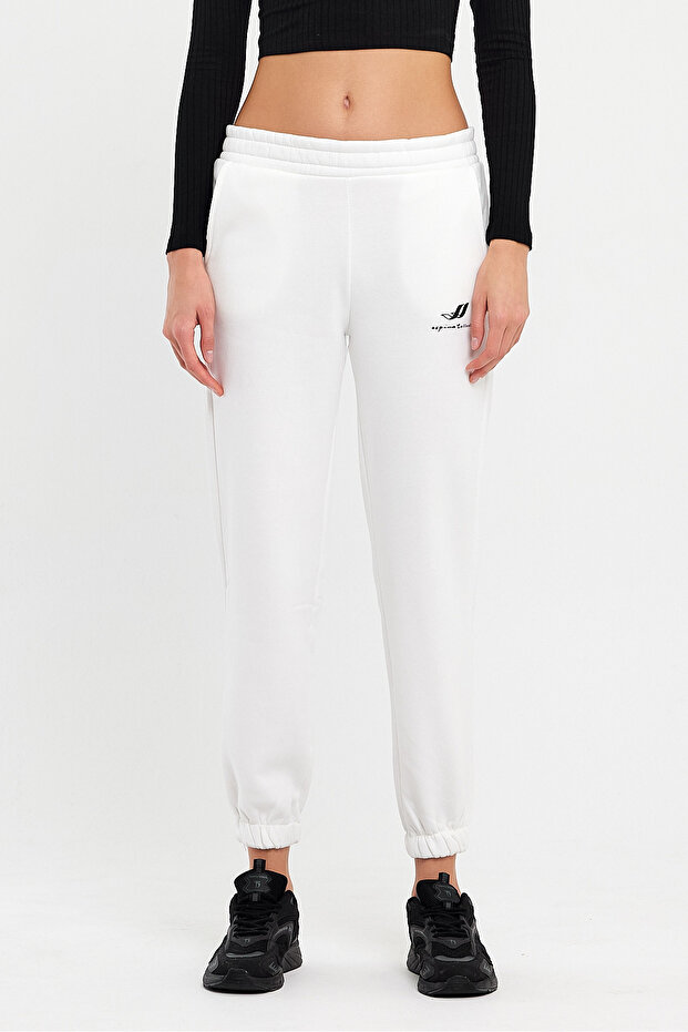 Women's Logo Elastic Waist and Leg Three Thread Fleece Pocket Knitted Sweatpants Jogger White