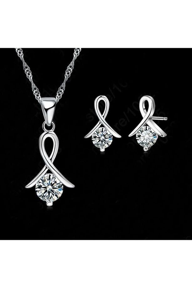 Tek Taş Kolye Küpe 925 Ayar Gümüş Set - 2
