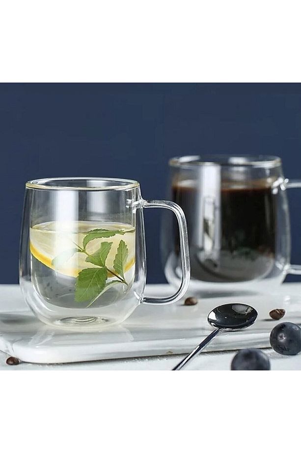 Çift Camlı Çift Cidarlı Cam Kupa 250 ml Ev Ofis Fincanı Çift Katlı Isı Yalıtımlı Kulplu Cam Bardak - 3
