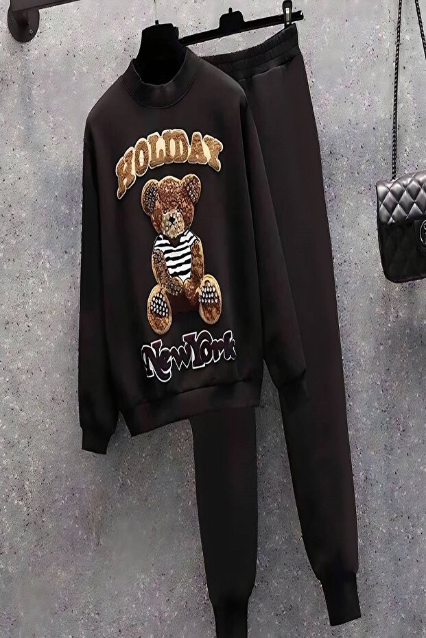 Teddy Bear Embroidered with Elastic Waist 3 Thread Lower Top Set