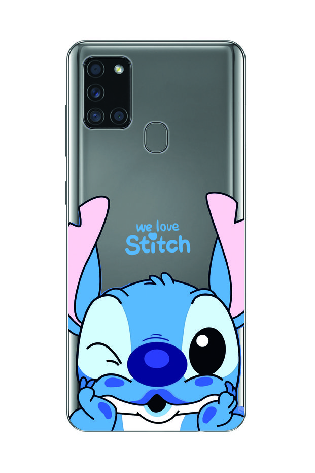 حافظة هاتف شفاف متوافق مع Samsung Galaxy A21S متوافق مع We Love Stitch Pattern Transparent Phone