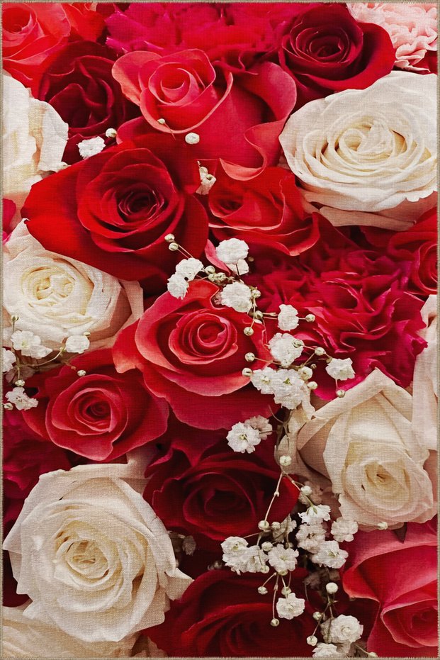Red Themed Rose Flower Patterned Creative Modern Decorative Carpet 2344