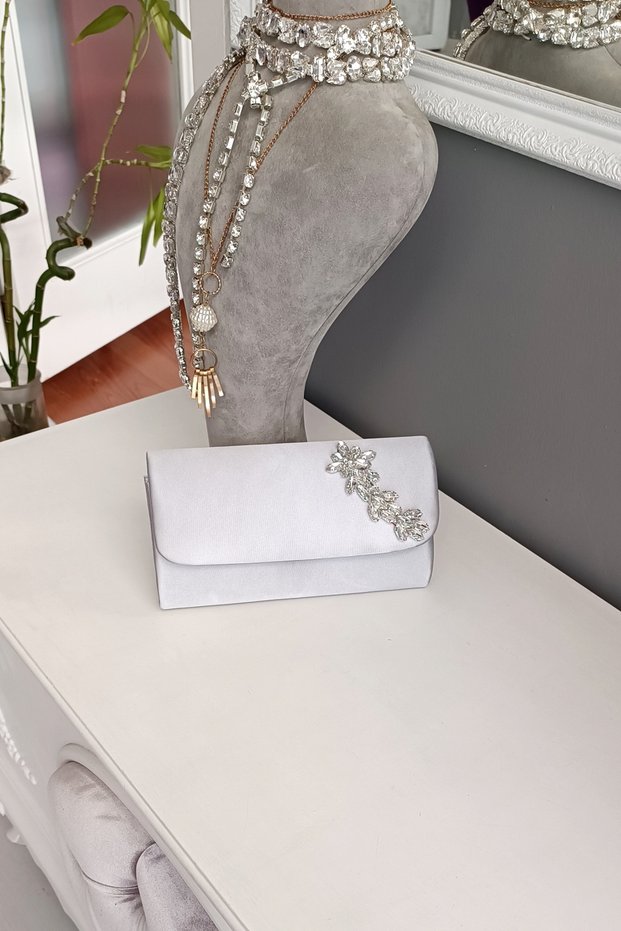 Oval Cut Evening Dress Women's Bag with Silver Satin Star Stone Accessories