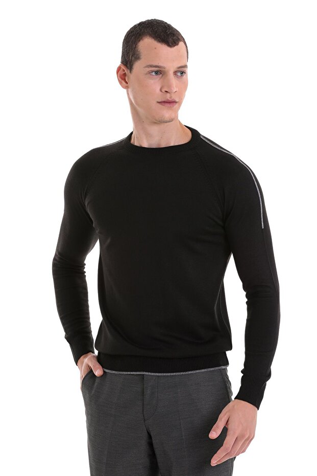 Siyah Regular Fit Jakarlı Bisiklet Yaka Yünlü Triko Kazak - 3