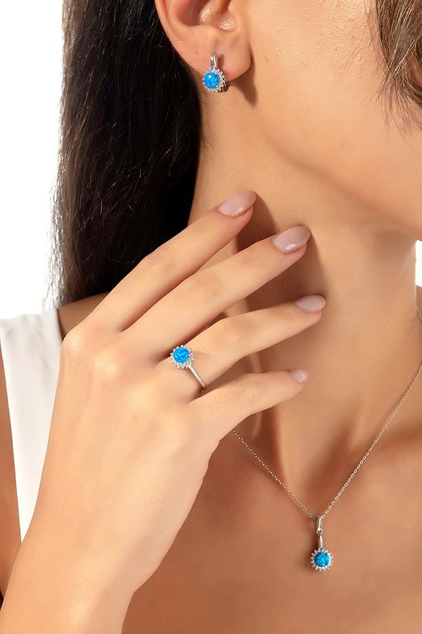 925 Ayar Mavi Opal Taşlı Güneş Gümüş Takı Seti - 1