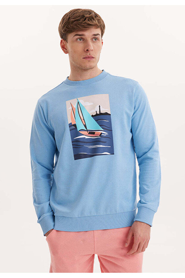 Blue Printed Crew Neck Cotton Regular Fit Men's Sweatshirt Wmvıew Sail