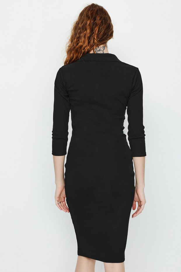 Kadın Siyah Düğme Detaylı Midi Örme Elbise - 4