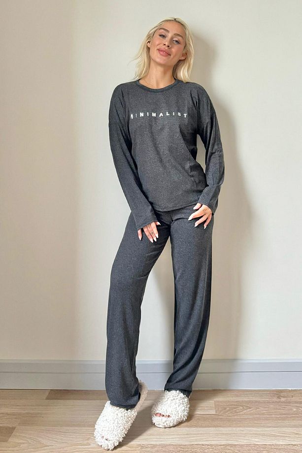 Siyah Minimalist Baskılı Bambu Uzun Kol Kadın Pijama Takımı - 6