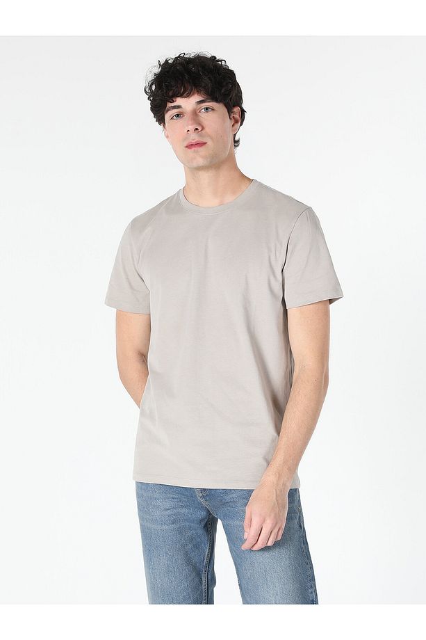 Regular Fit Bisiklet Yaka Basic Taş Erkek Kısa Kol Tişört - 4