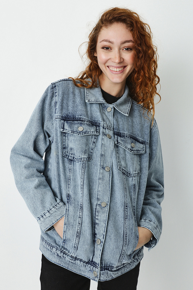 Kadın Mavi Cepli Oversize Denim Ceket - 5