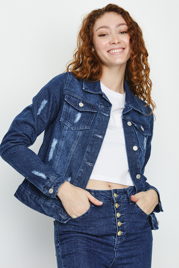Kadın Mavi Düğmeli Denim Ceket - 1