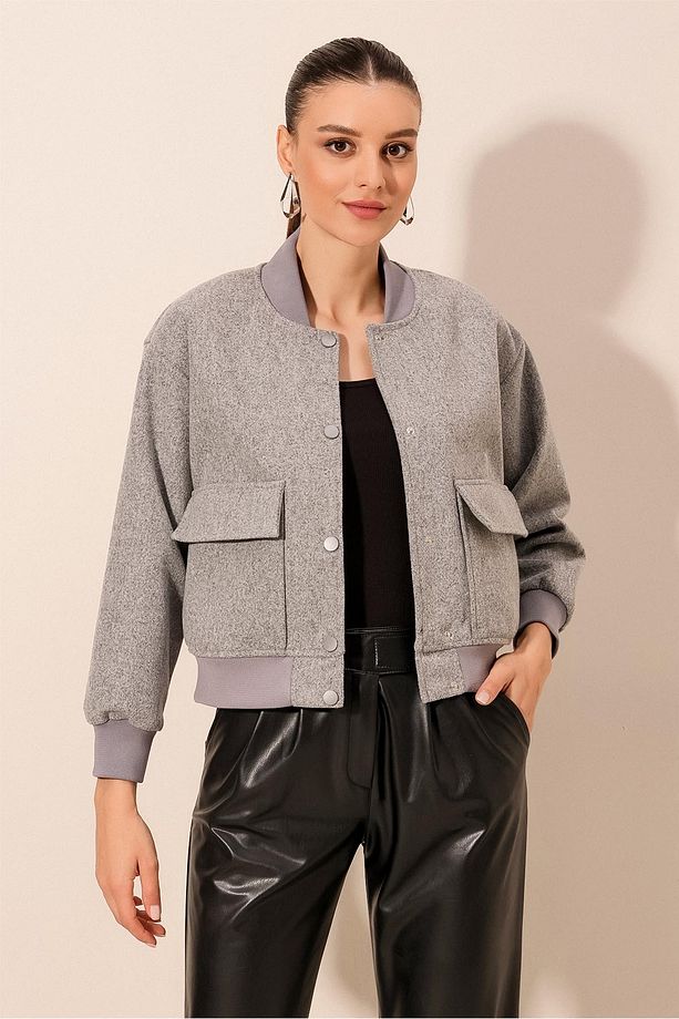 0688 Çift Cepli Crop Ceket - Gri - 1