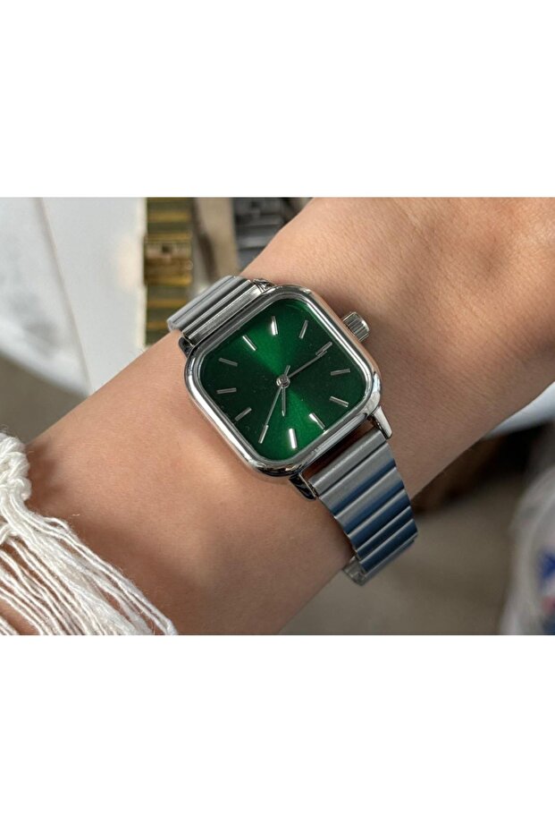 Minimal Square Silver Cord Green Dial Women's Wristwatch