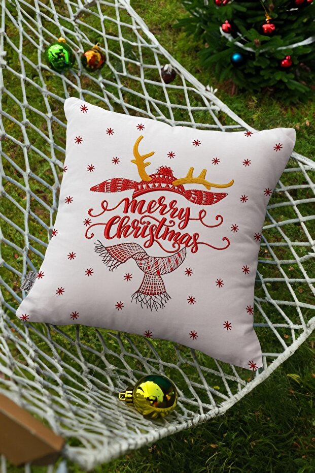 New Year Merry Christmas Written Red and White Digital Printed Decorative Pillow and Cushion Cover