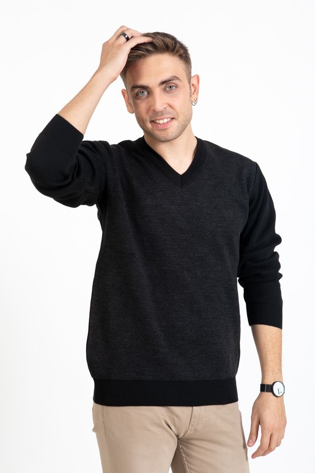 Men's Middle Age and Above Knitwear Knitted Diamond Patterned Acrylic Winter Dad V-neck Sweater 2057-black