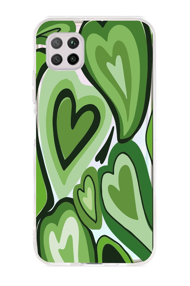 Huawei P40 Lite Compatible Green Heart Patterned Transparent Phone Case