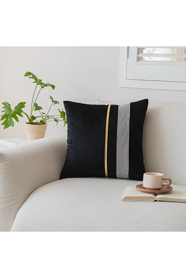 2 PCS Velvet Look Throw Pillow Cover with Stones and Gold Leather Stripes