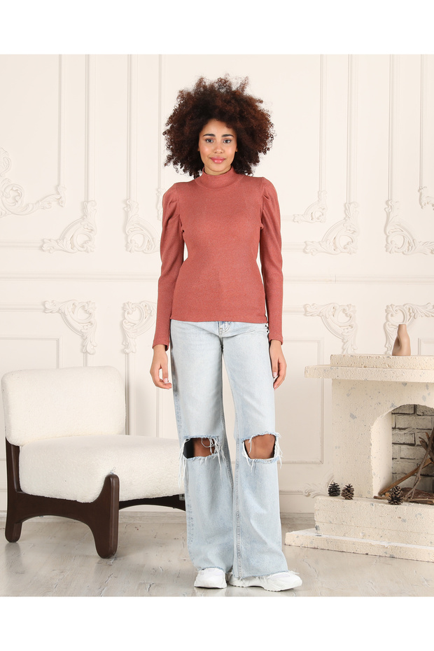 WOMEN'S CINNAMON COLOR SLEEVE PLEATED BANDED PRINCESS SLEEVE FISHER COLLAR BOULE SWEATER