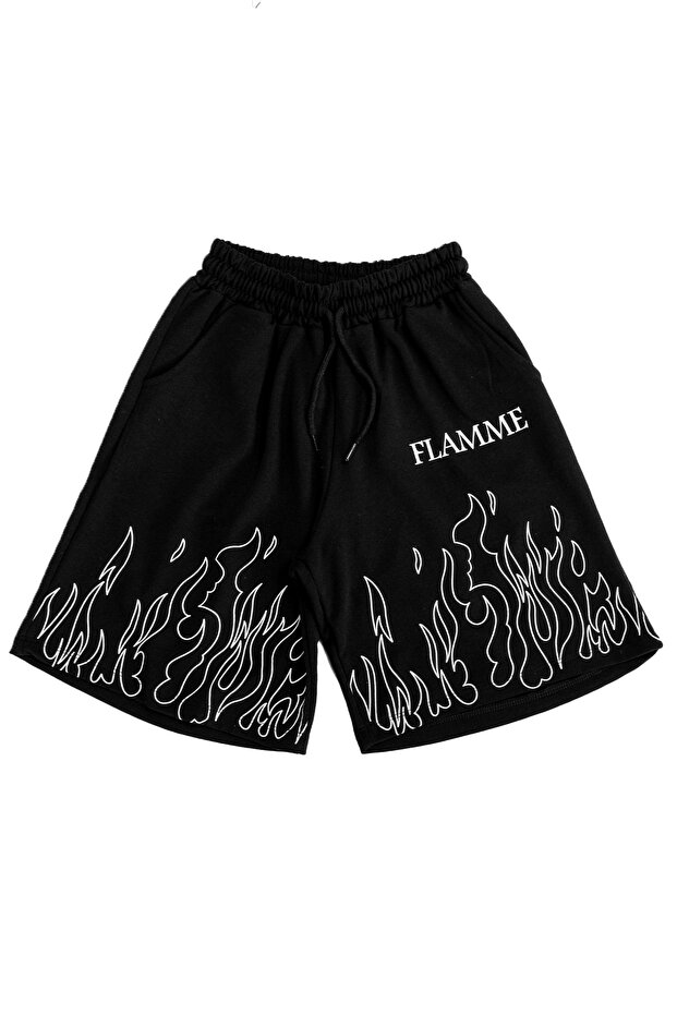 شورت أسود بطبعة Flamme للجنسين