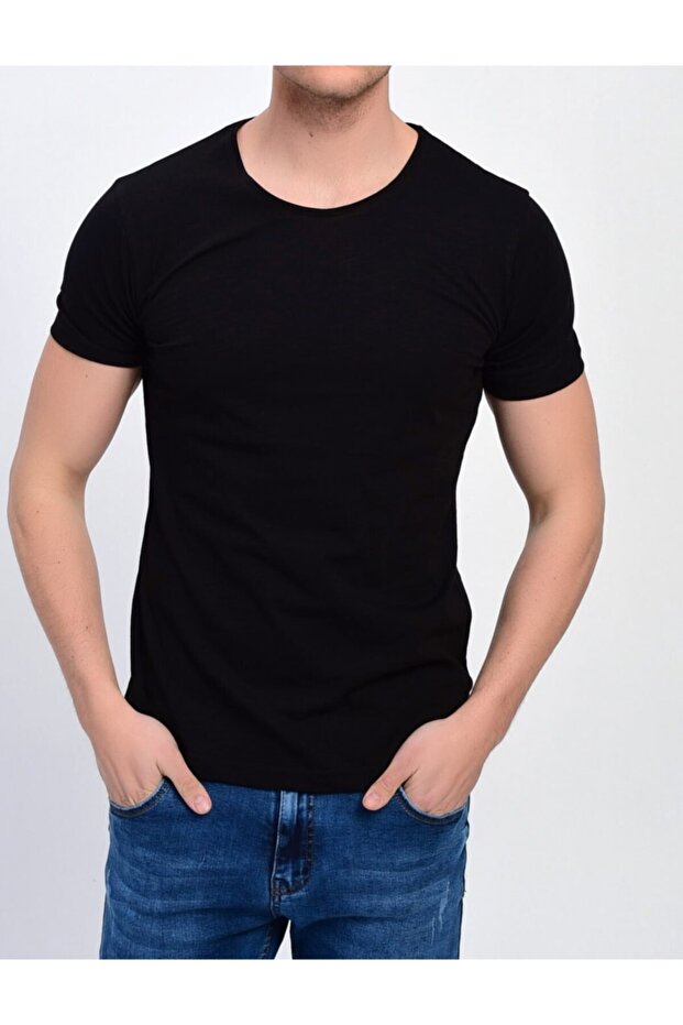Men's Black Crew Neck Lycra Basic T-shirt