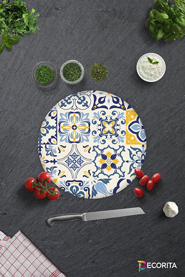 Blue Tile Pattern | Glass Cutting Board - Glass Cutting Board | Diameter32Cm