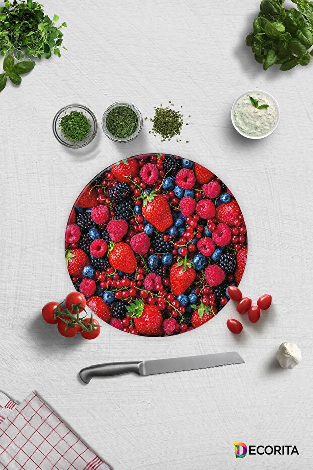 Purple and Red Fruits | Glass Cutting Board - Glass Cutting Board | Diameter 32cm