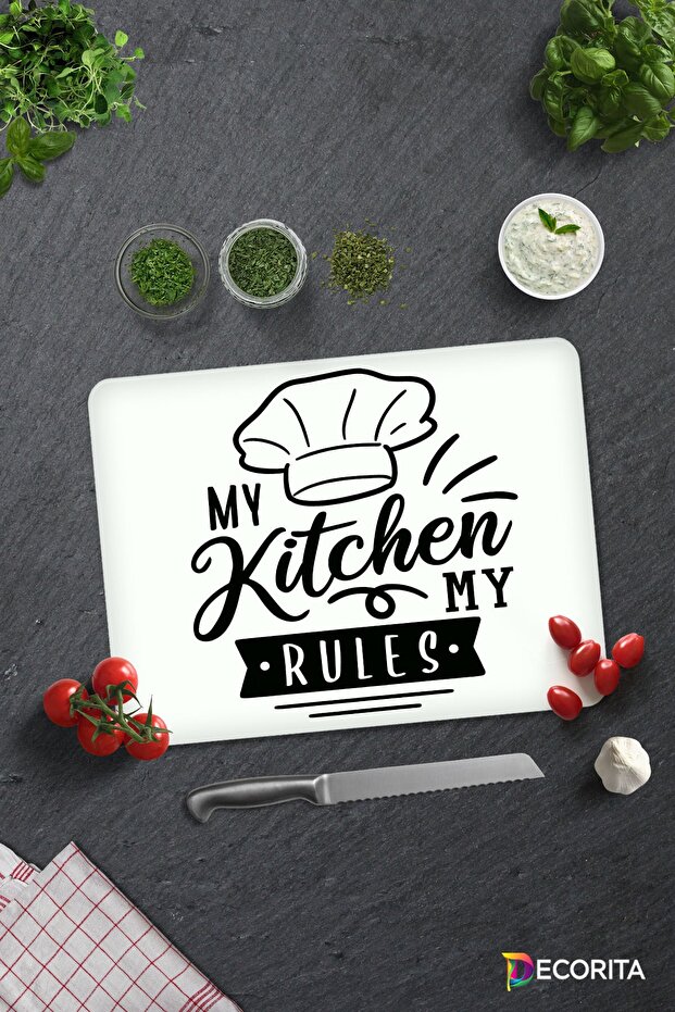 My Kitchen My Rules خلفية بيضاء - لوح تقطيع زجاجي (30 سم × 40 سم)