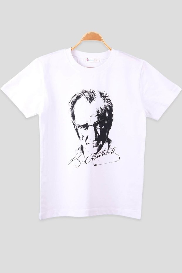 Children's White Mustafa Kemal Atatürk Printed T-Shirt with Back Signature